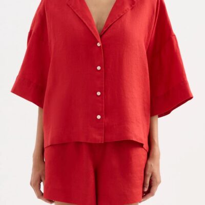 Nude Lucy Lounge Linen Shirt Red L 100% Organic French Linen Casual Fit Button Front