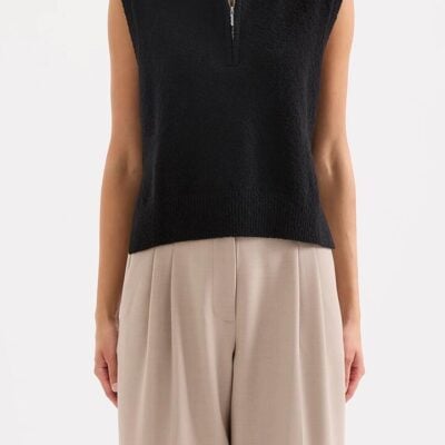 Nude Lucy Ordell Cotton Blend Knit Vest Black Collared 1/4 Zip Relaxed Fit