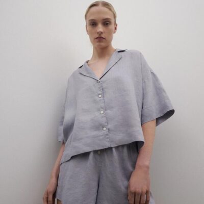 Nude Lucy Lounge Linen Shirt Linen Blue Casual Fit Button Front M