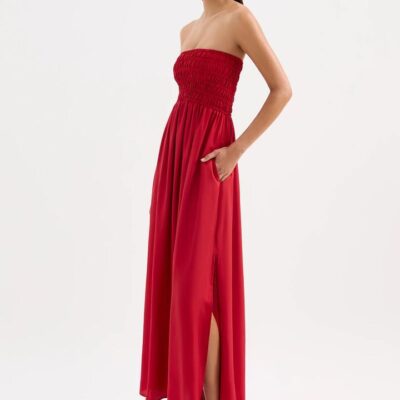 Nude Lucy Zuri Tencel Maxi Dress Strapless Shirred Bodice Full Skirt Side Pockets Splits Red XL