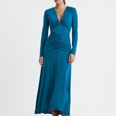 Reiss Teal Plunge Neck Ruche Midi Dress