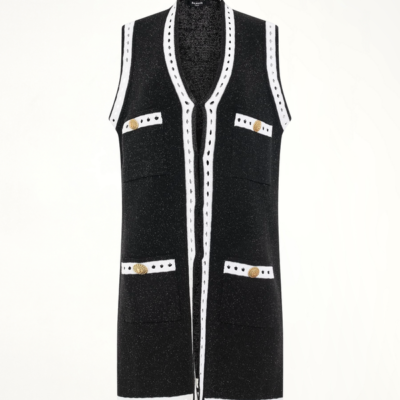 Balmain Sleeveless Lace Knit Long Cardigan in Black / 1