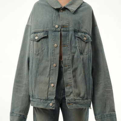 Balenciaga Off Shoulder Selvedge Denim Jacket in Blue / Xs