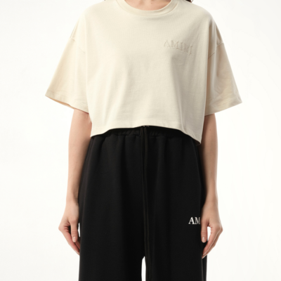 Amiri Embroidered Cropped T-shirt in Alabaster White / L