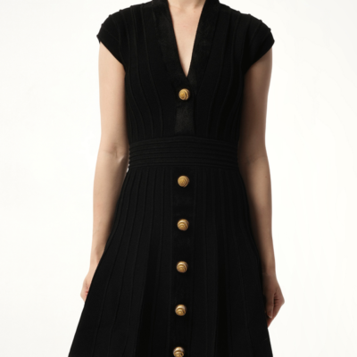 Balmain Button V-Neck Velvet Flare Short Dress