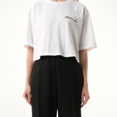 Balmain Signatured Embroidered Crop Top in White/black White / Xs