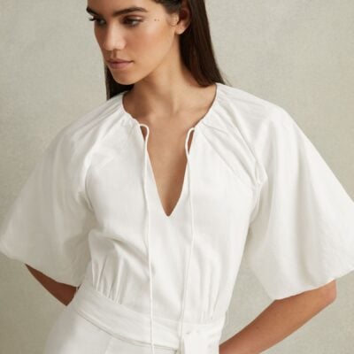Reiss White Alice Lyocell Blend Puff Sleeve Midi Dress