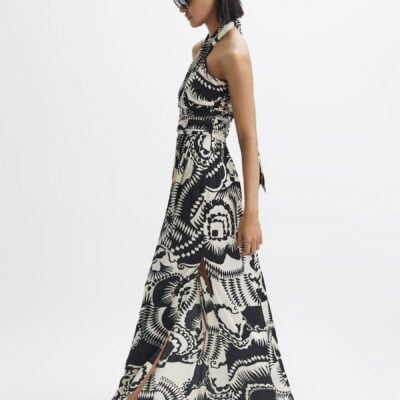 Reiss Black/White Hallie Printed Halter Neck Maxi Dress