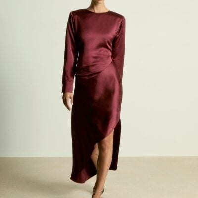 Reiss Burgundy Valli Satin Asymmetric Draped Maxi Dress