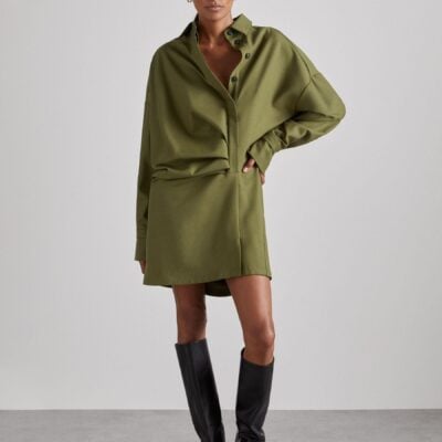 Reiss Khaki Mila Atelier Draped Shirt Dress with Wool