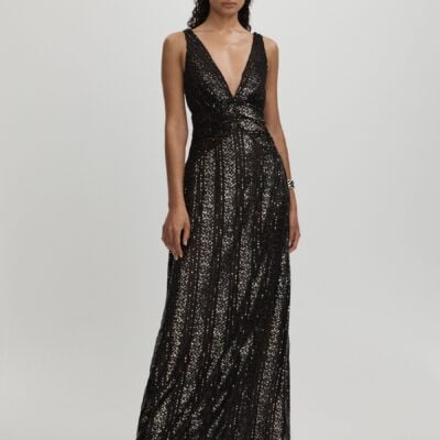Halston Plunge Neck Sequin Maxi Dress