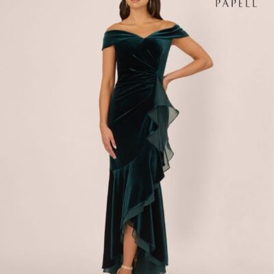 Adrianna Papell Green Velvet Off The Shoulder Gown