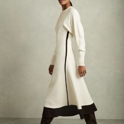 Reiss Ivory Caprice Wool-Blend Hybrid Knitted Midi Dress
