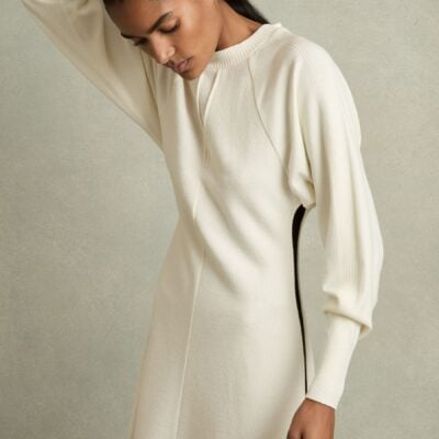 Reiss Ivory Caprice Petite Wool-Blend Hybrid Knitted Midi Dress