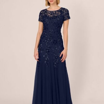 Adrianna Papell Dark Blue Long Dress With Godets