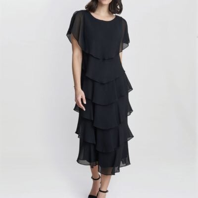 Gina Bacconi Black Tessa Midi Tiered Dress With Shoulder Trim