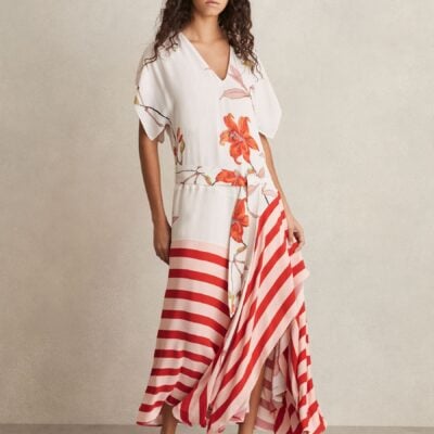 Reiss Ivory/Red Alicia Floral Stripe-Print Maxi Dress
