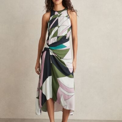Reiss Green Avia Geometric-Print Gathered Midi Dress