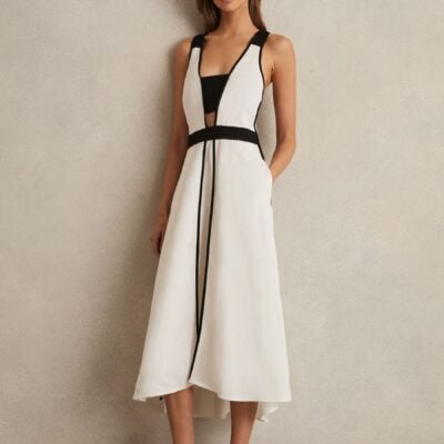 Reiss Ivory/Black Valencia Contrast-Trim Flared Midi Dress With Linen