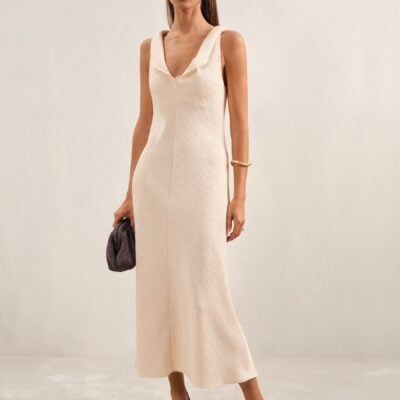 Reiss Cream Kiera Textured Drape-Neck Midi Dress
