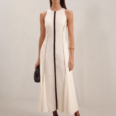 Reiss Ivory/Black Inaya Petite Craft-Stitch Sleeveless Midi Dress