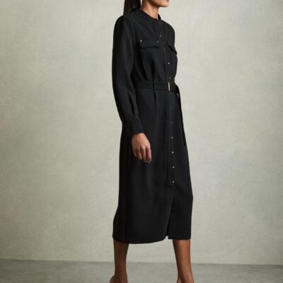 Reiss Black Isla Twill Belted Shirt Dress