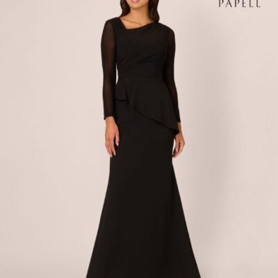 Adrianna Papell Black Knit Crepe Combo Mesh Gown