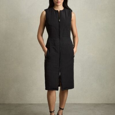 Reiss Black Mahlon Quilted Zip-Through Sleeveless Dress