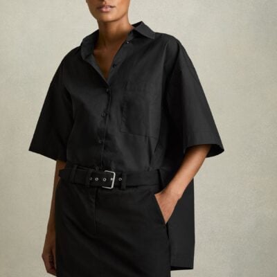 Reiss Black Alice Cotton Woven Belted Shirt Dress