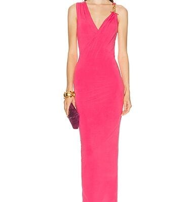 BALMAIN Gold Detail Jersey Draped Long Dress