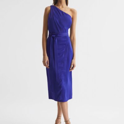 Reiss Purple Flora Off-The-Shoulder Satin Midi Dress