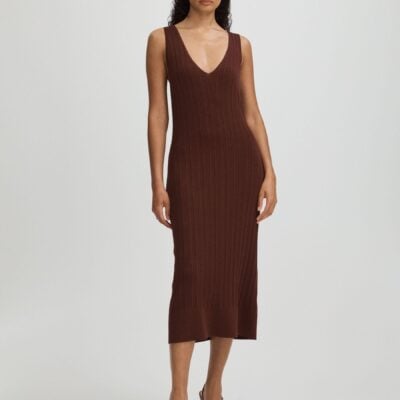 Paige Brown Ribbed Bodycon Midi Dress