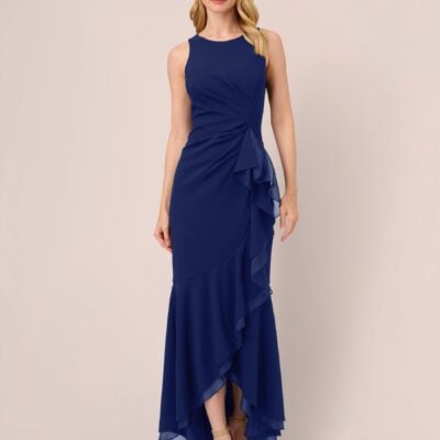 Adrianna Papell Blue Ruffle Crepe Halter Gown
