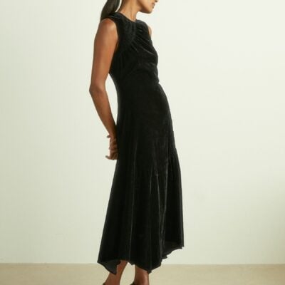 Reiss Black Blakely Velvet Shirred Panel Midi Dress