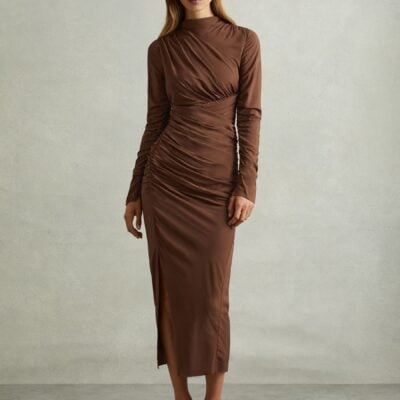 Reiss Chocolate Kelly Jersey Ruched Midi Dress