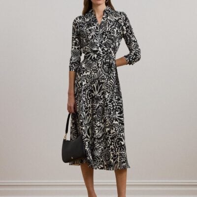Lauren Ralph Lauren Black Rowella Print Belted Collared Dress