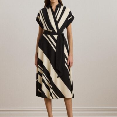 Lauren Ralph Lauren Cream Striped Belted Collared Dress