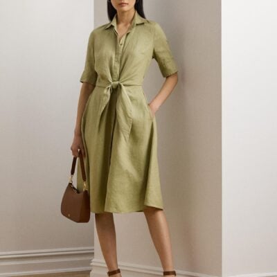 Lauren Ralph Lauren Green Wakana 100% Linen Belted Shirt Dress