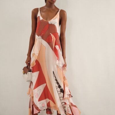 Reiss Cream/Red Sasha Petite Printed Ruffle Trim Maxi Dress