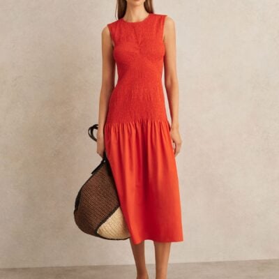 Reiss Red Annabel Petite Cotton Shirred Midi Dress