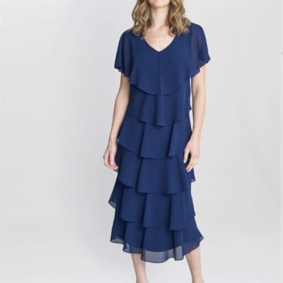 Gina Bacconi Blue Rebecca Midi Tiered Dress With Shoulder Trim