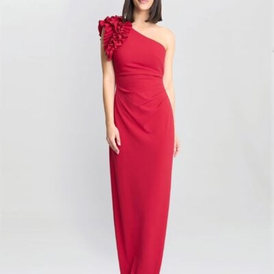 Gina Bacconi Red Nicole Ruffled One Shoulder Maxi Dress