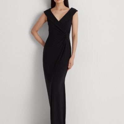 Lauren Ralph Lauren Lighthouse Navy Jersey Off The Shoulder Gown