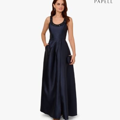 Adrianna Papell Blue Beaded Mikado Gown