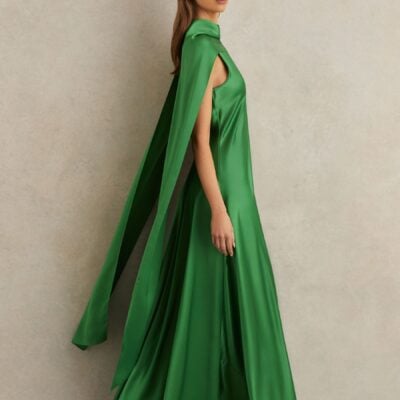 Reiss Green Fae Petite Satin Cape Maxi Dress