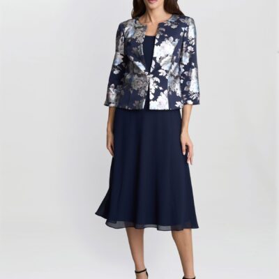 Gina Bacconi Blue Sandra Floral Print Jacquard Jacket And Dress Set