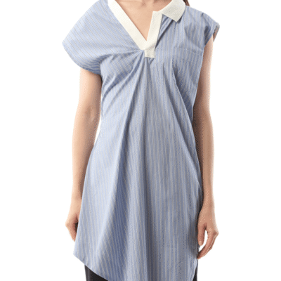 Sacai Cotton Poplin Polo Shirt in Light Blue Stripe / 1