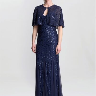 Gina Bacconi Blue Jordan Sequin Beaded Maxi Dress And Jacket
