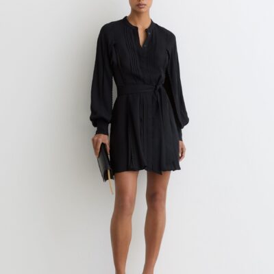 Reiss Navy Eliana Embroidered-Trim Belted Mini Dress