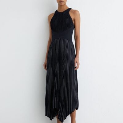 Reiss Navy Rachel Pleated Sleeveless Midi Dress